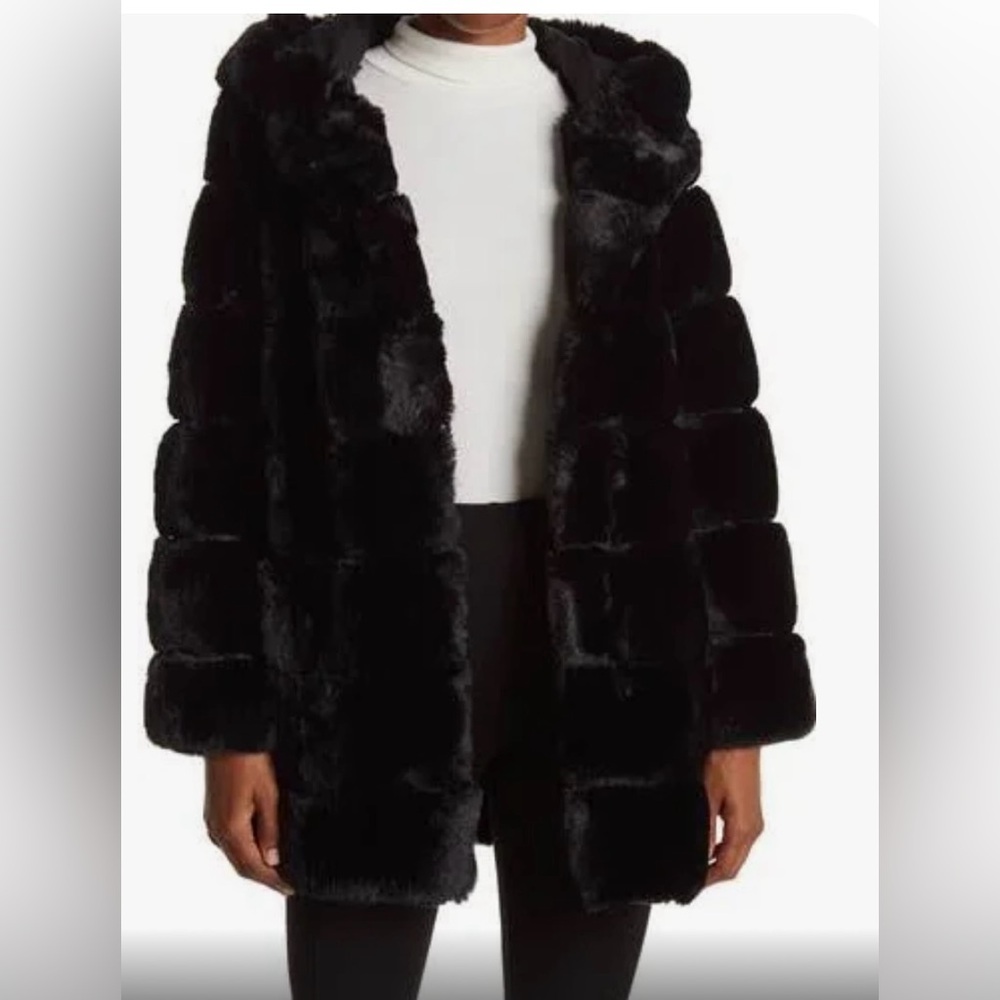 BCBG faux fur coat. With hood! Worn twice!